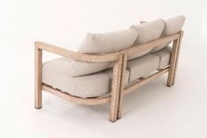 Ava outdoor set, sofa, 2 armchairs and sofa table in wood-effect aluminum and beige fabric