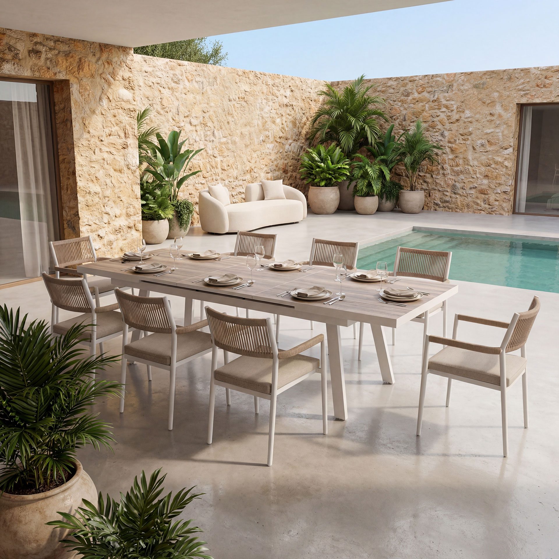 Mesa extensible exterior blanca y tapa ceramica 202/263*100*76 cm