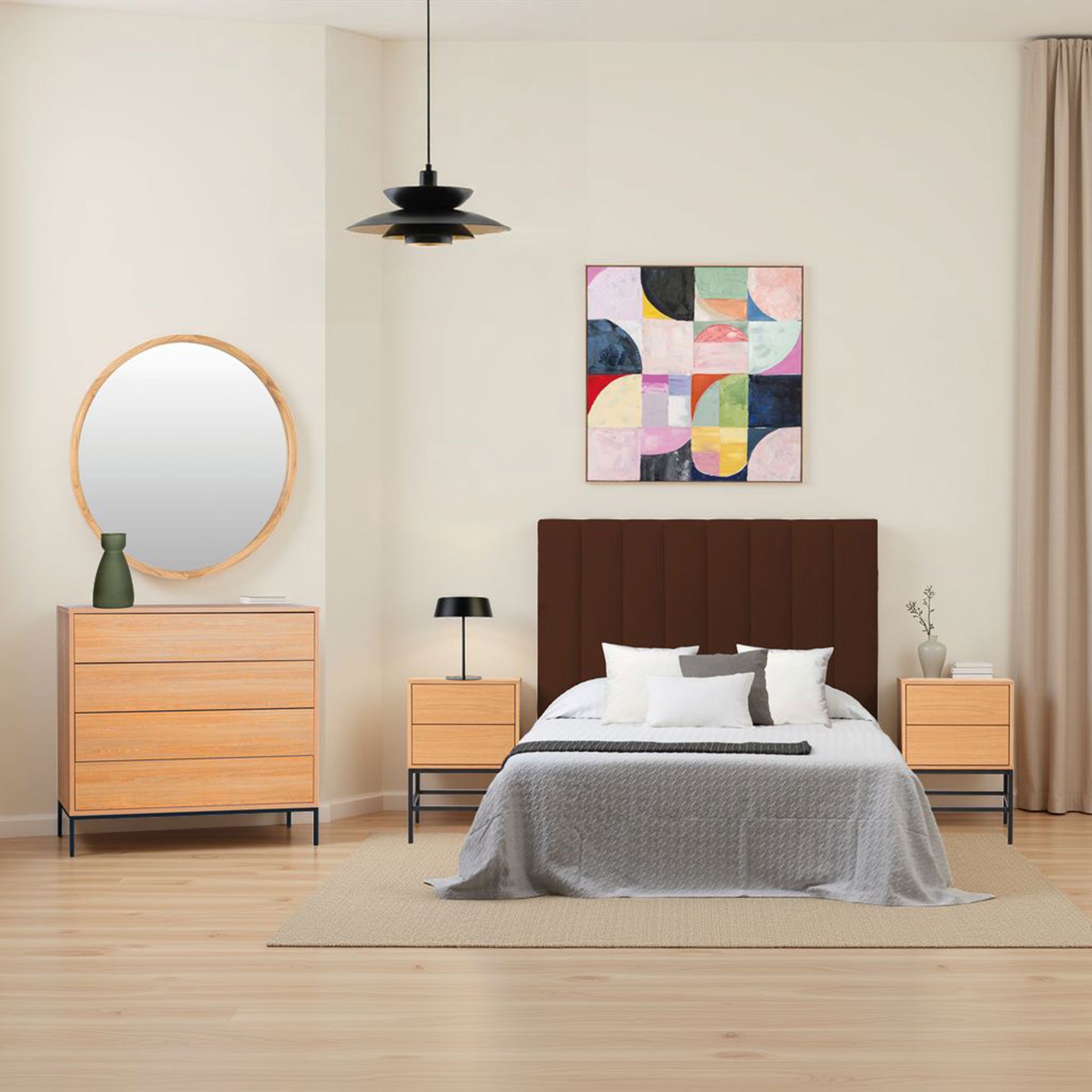 Mesita Push 2 cajon lacado roble base negra 48 cm