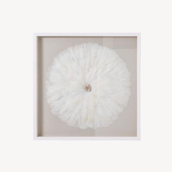 CUADRO VITRINA 80*80 CM, MARCO BLANCO CON PLUMAS Y PIEDRA CRISTAL