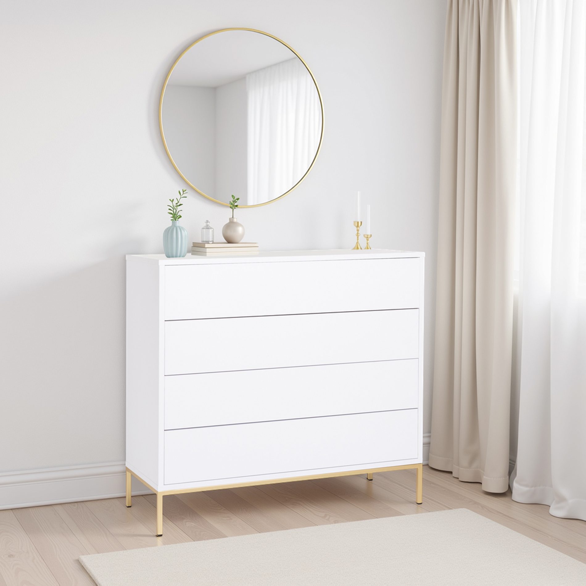 Comoda Push 4 c. lacado blanco base oro 100cm