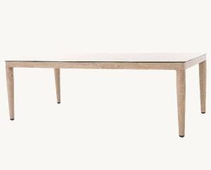 Mesa sofá Formentor, estructura de aluminio efecto madera, tejido de color beige