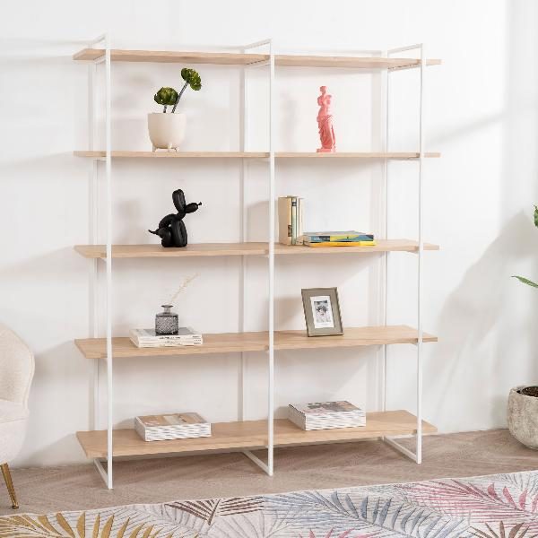 ESTANTERIA DALT 3 BASES METAL BLANCO CON 5 BALDAS ROBLE DE 150 CM. 150*40*181 CM