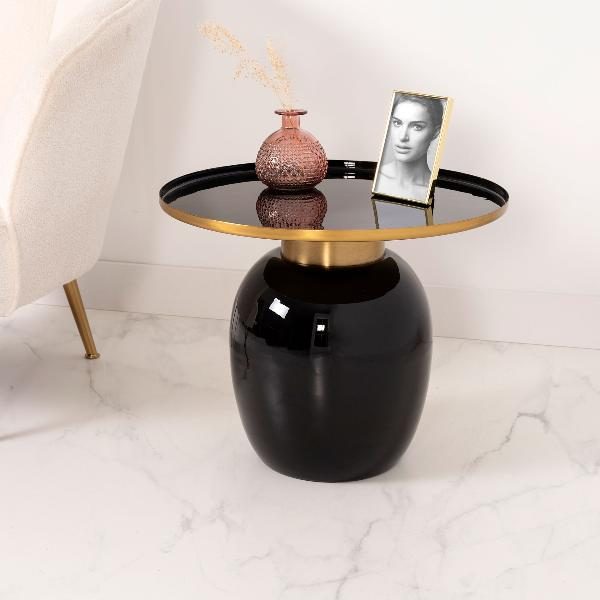 MESA AUXILIAR 50*50*42 CM. BASE METAL DORADO Y ESMALTADO NEGRO