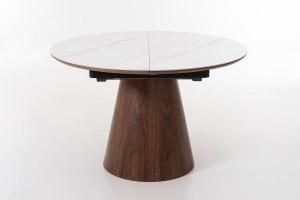 Mesa comedor extensible 120/160*76 cm, chapa nogal y pórcelanico blanco