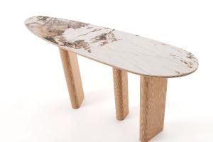 Consola Melani, chapa roble y porcelanico blanco