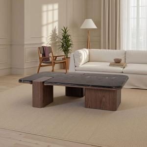 Mesa de sofá Delfos, chapa nogal y porcelánico blanco 120 cm