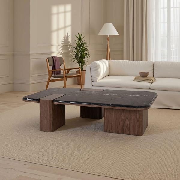 MESA SOFA DELFOS. CHAPA MADERA NOGAL Y TAPA MARMOL BLANCO. 120*70*31 CM