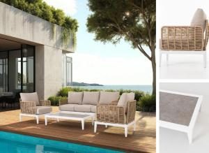 Granadella white patio set with synthetic rope and beige seats
