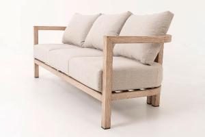 Ava outdoor set, sofa, 2 armchairs and sofa table in wood-effect aluminum and beige fabric