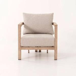 Ava outdoor set, sofa, 2 armchairs and sofa table in wood-effect aluminum and beige fabric