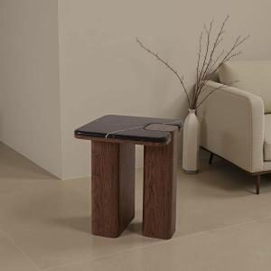 Mesa auxiliar Delfos, chapa nogal y porcelanico blanco 51 cm