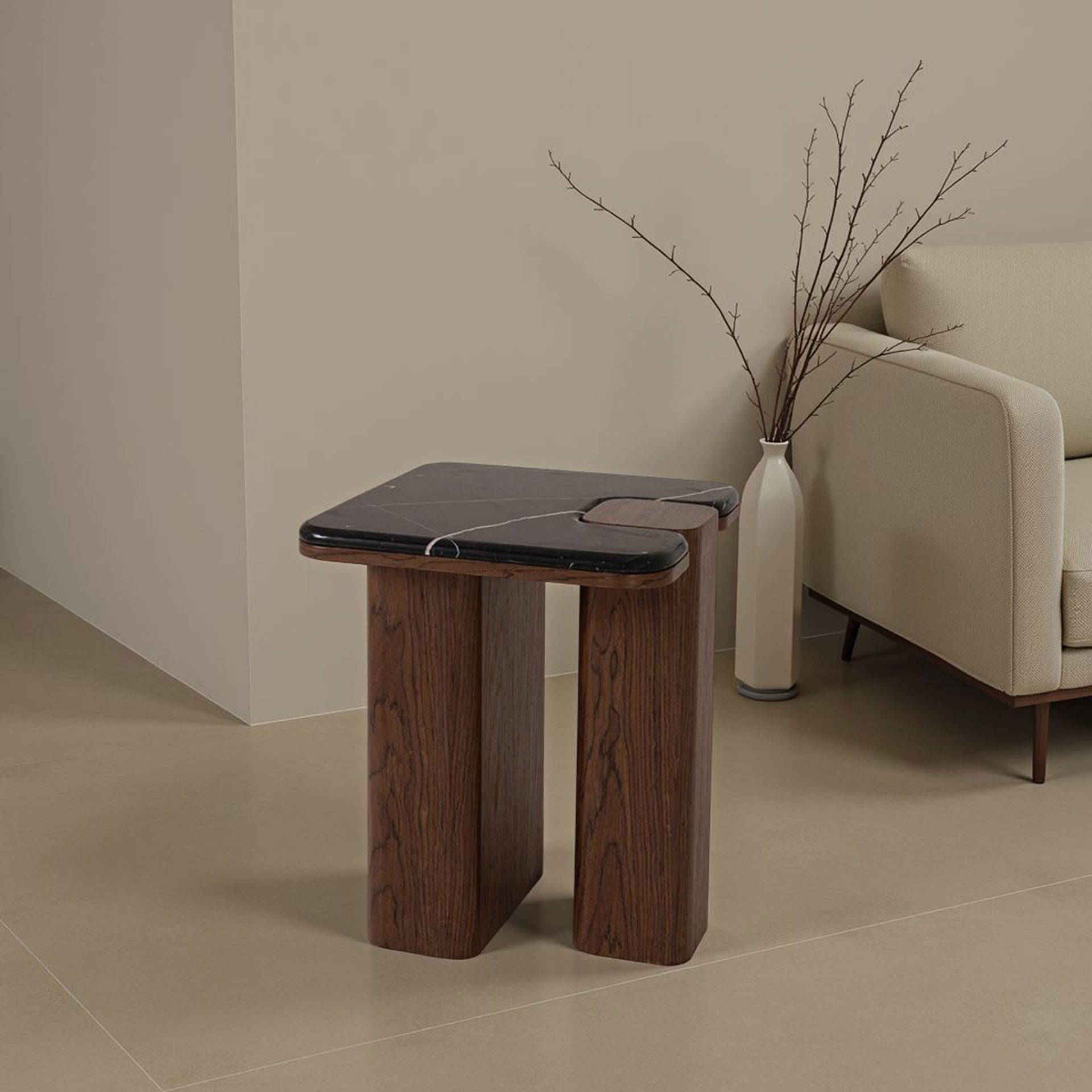 Mesa auxiliar Delfos, chapa nogal y porcelanico blanco 51 cm