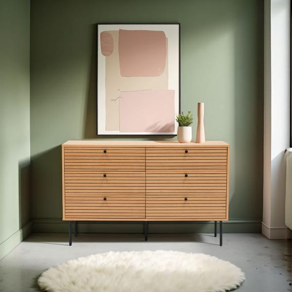 CÓMODA NELA 6 CAJ.120*75*40 CM. CHAPA DE ROBLE Y DM NEGRO. PATAS METAL NEGRO (KIT)