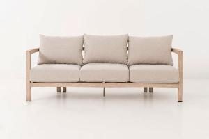 Ava outdoor set, sofa, 2 armchairs and sofa table in wood-effect aluminum and beige fabric