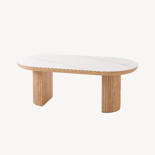 MESA CENTRO SOFA 120*45*60 CM. TAPA PORCELANICO BLANCO, PIE CHAPA ROBLE CON PALILLERIA