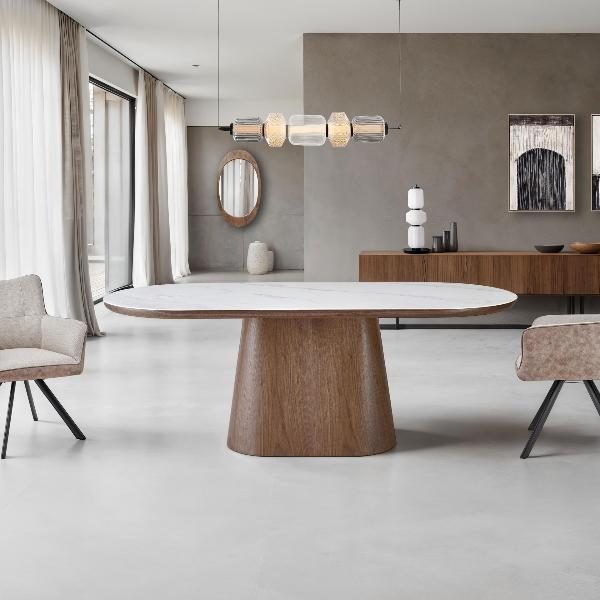 MESA COMEDOR TAPA OVALADA 200*90*75CM, TAPA PORCELANICO BLANCO, PIE CHAPA NOGAL