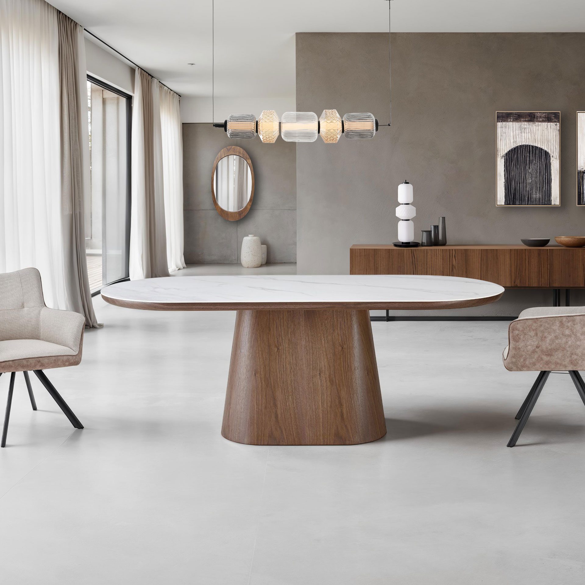 Mesa comedor con pie chapa nogal y tapa en porcelánico blanco