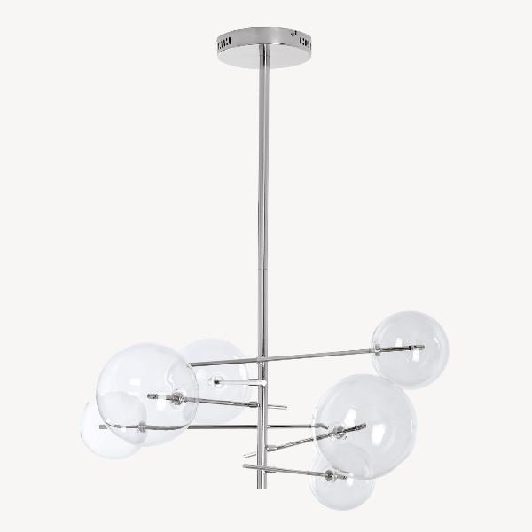 LAMPARA GALAXY TECHO 5 BOLAS CRISTAL, PLATA CROMADA. 120X72X72 CM. ALTURA REGULABLE E INCLUYE LAS BOMBILLAS