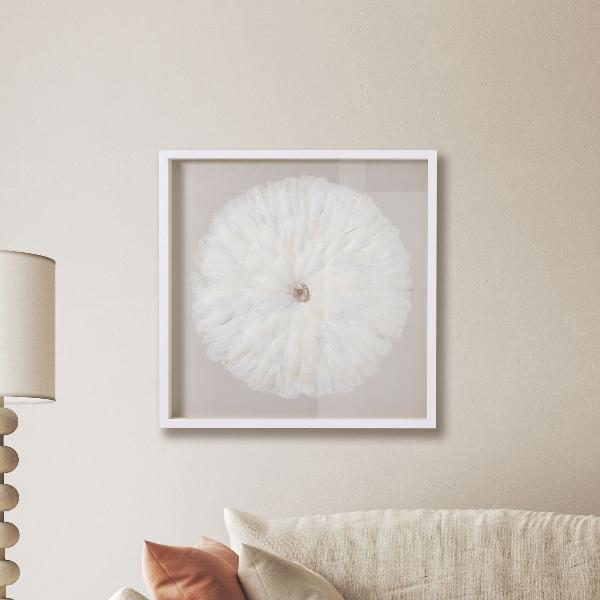 CUADRO VITRINA 80*80 CM, MARCO BLANCO CON PLUMAS Y PIEDRA CRISTAL