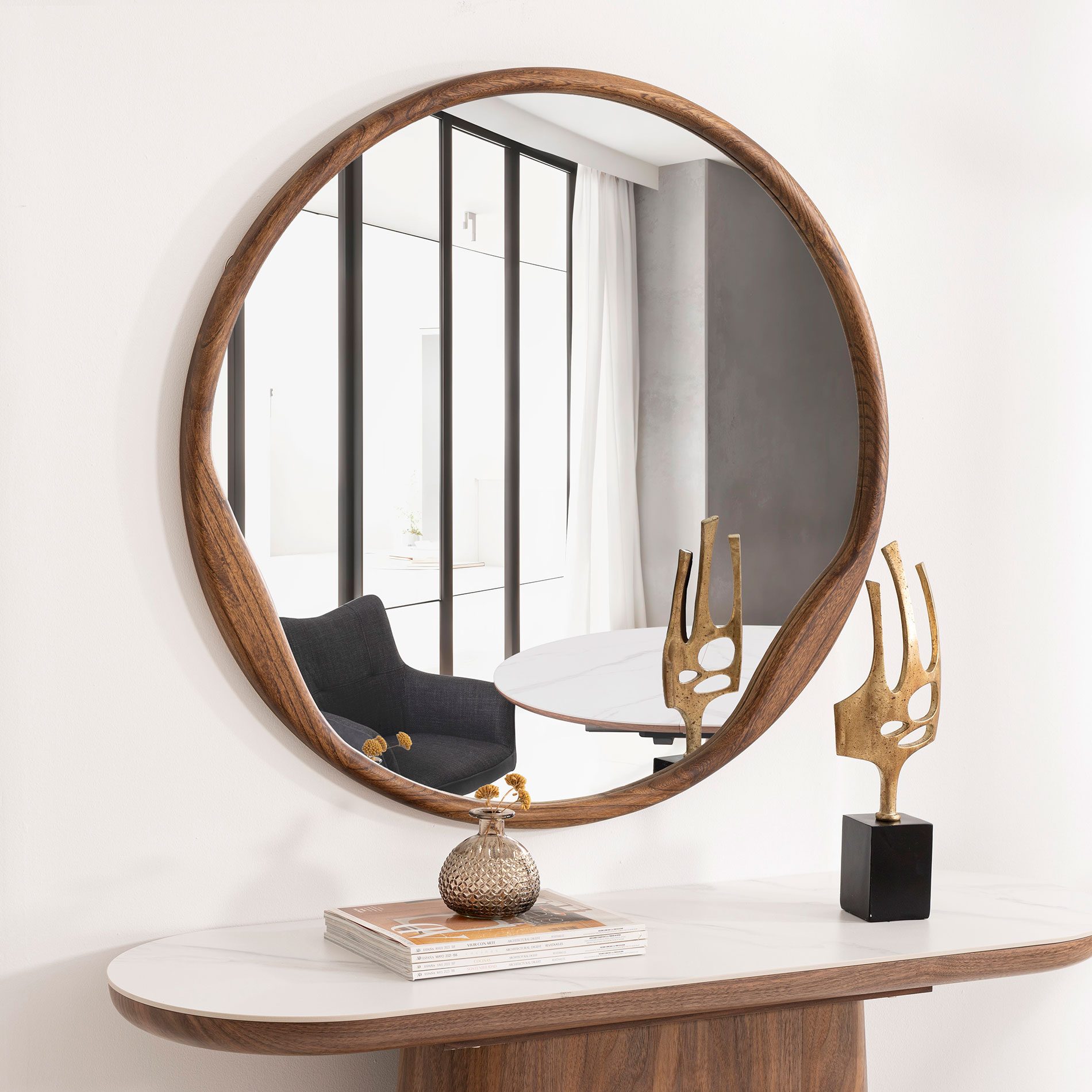 Espejo circular marco de madera nogal