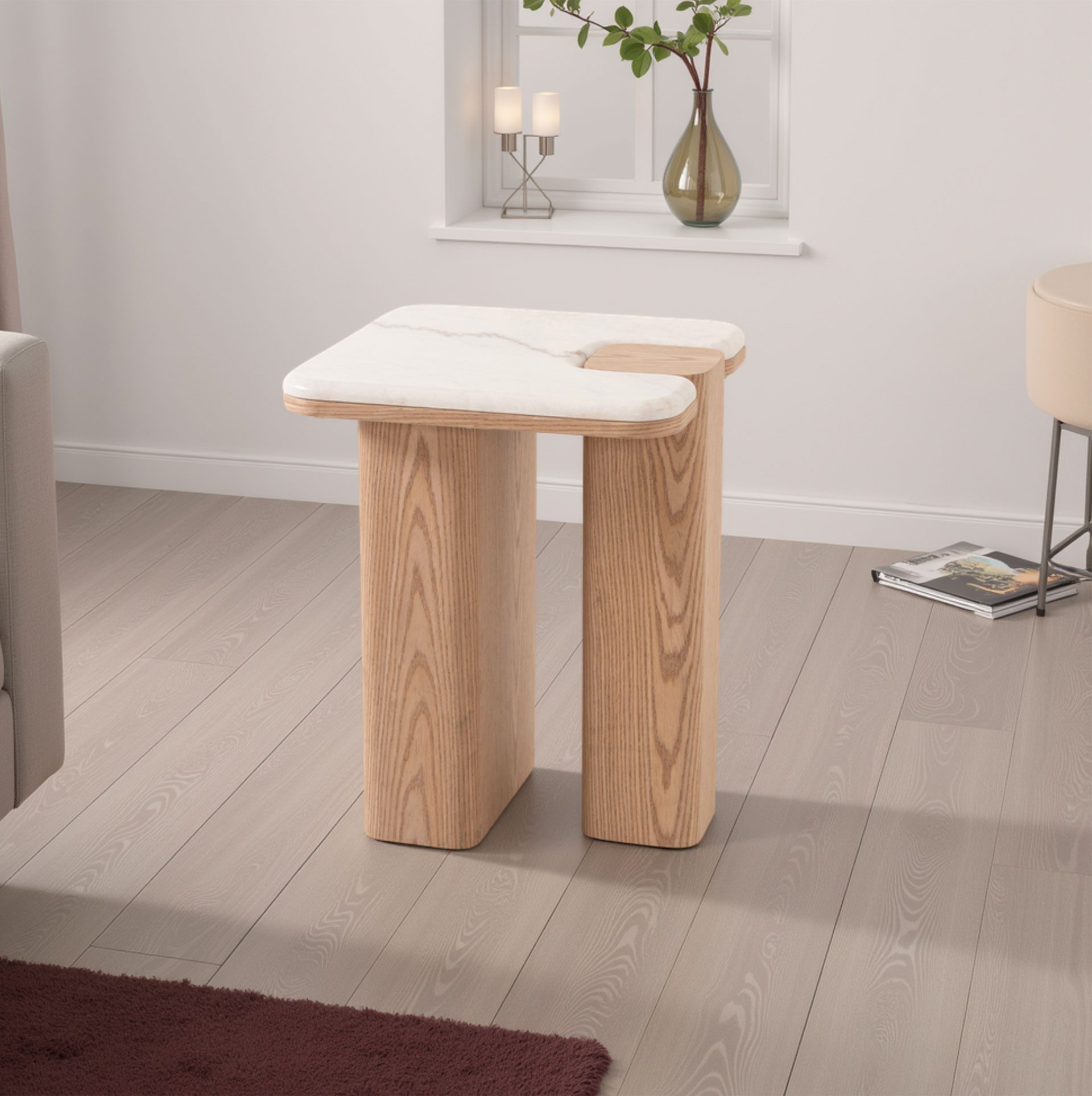 Mesa auxiliar Delfos, chapa roble y porcelanico blanco 51 cm