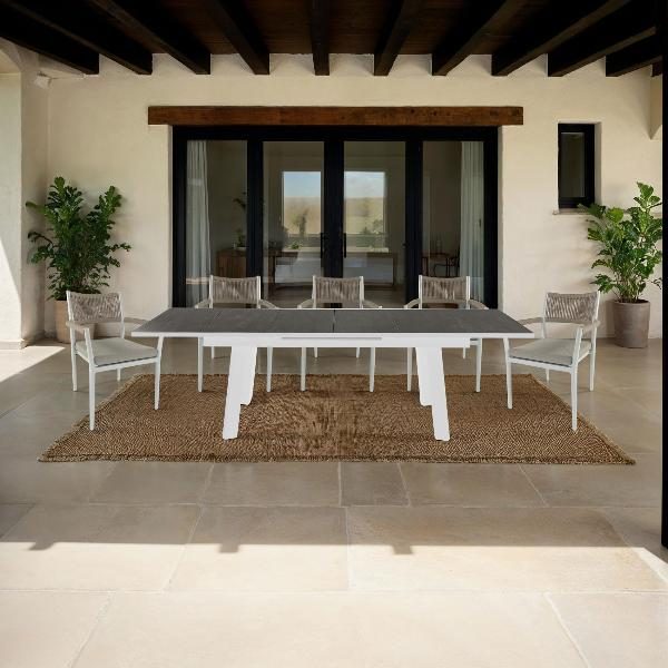 MESA EXTENSIBLE PARA EXTERIOR 202/263*100*76.5 CM, ALUMINIO BLANCO Y TAPA CERAMICA EFECTO MADERA