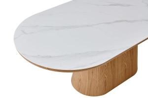 Mesa comedor pie chapa roble y tapa porcelánico blanco