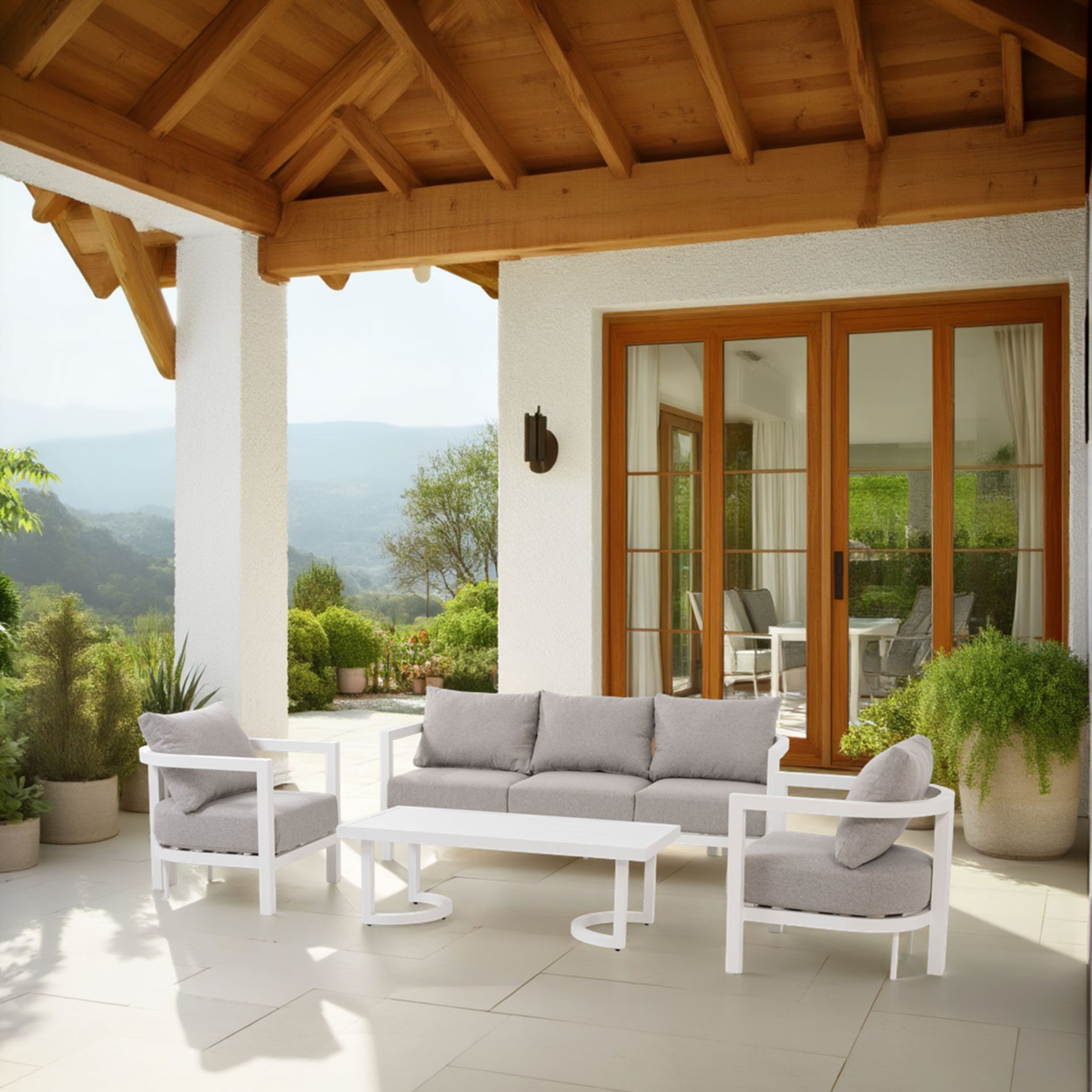 Set de terraza AVA. Extructura aluminio blanco y tejido beige