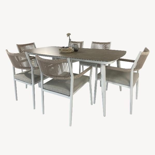SET COMEDOR TERRAZA MACARELLA,MESA 180*90 + 6 SILLAS ALUMINIO BLANCO Y ASIENTOS BEIGE