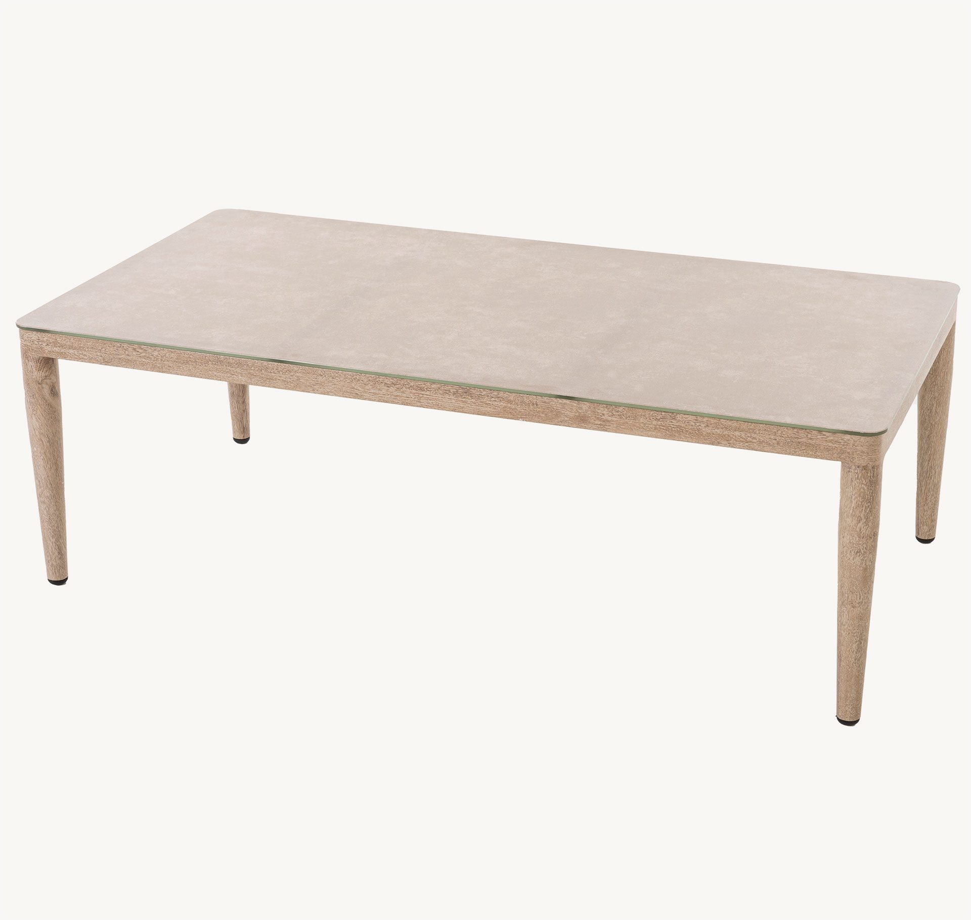 Mesa sofá Formentor, estructura de aluminio efecto madera, tejido de color beige