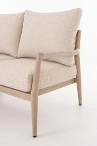 Set terraza Formentor, sofa, 2 butacas y mesa centro aluminio imitación madera y asiento beige