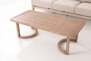 Ava outdoor set, sofa, 2 armchairs and sofa table in wood-effect aluminum and beige fabric