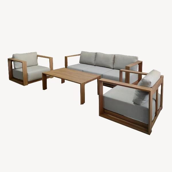 CONJUNTO  EXTERIOR ALTEA, SOFA, 2 BUTACAS Y  MESA DE CENTRO ALUMINIO EFECTO MADERA Y TEJIDO BEIGE.