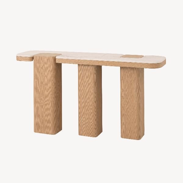 CONSOLA DELFOS. CHAPA MADERA ROBLE Y TAPA PORCELÁNICO BLANCO. 150*80*35 CM