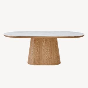 Mesa comedor pie chapa roble y tapa porcelánico blanco