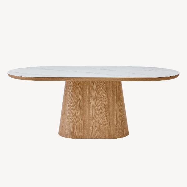 MESA COMEDOR TAPA OVALADA 200*90*75CM, TAPA PORCELANICO BLANCO, PIE CHAPA ROBLE