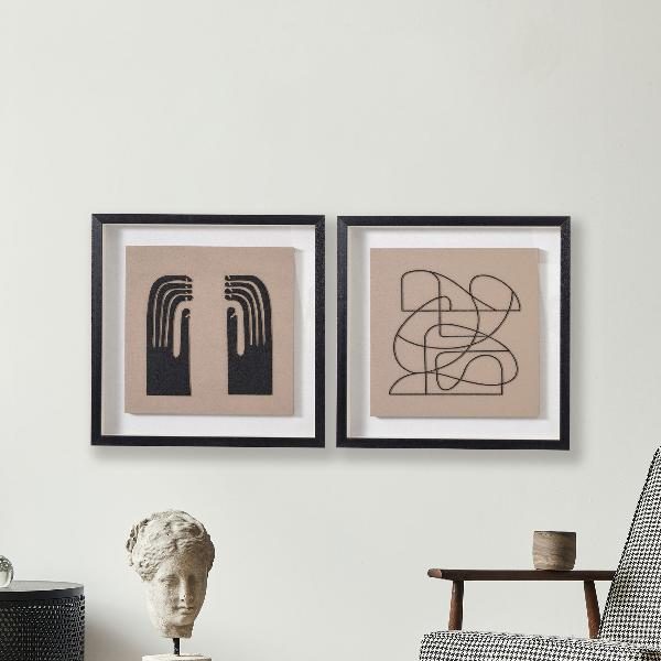 CUADROS VITRINA 60*60 CM, MARCO NEGRO Y ESCULTURA MADERA TALLADA BEIGE Y NEGRO