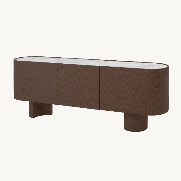 APARADOR POMPEYA. 3 PUERTAS. CHAPA NOGAL Y PORCELÁNICO BLANCO. 221*45.5*80.5 CM