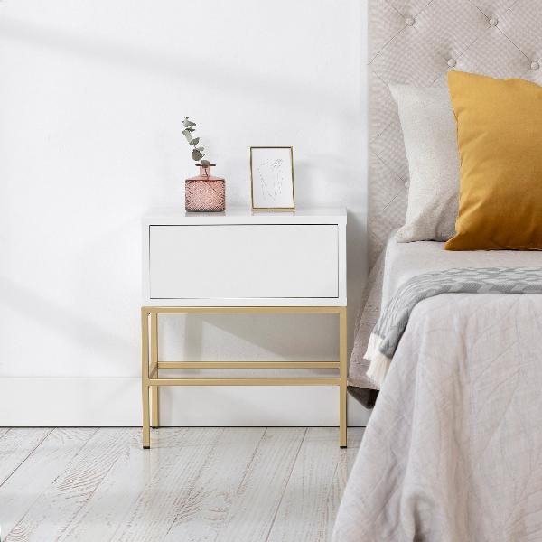 MESITA PUSH 1 CAJON LACADA BLANCO. BASE METAL ORO. 48*55*33,5 CM