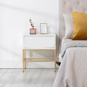 Mesita Push 2 cajon lacado blanco base oro 48 cm