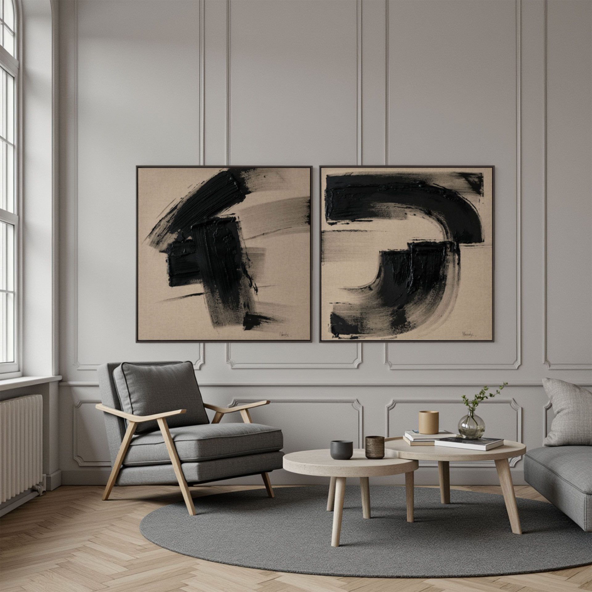 Set of 2 oil paintings 80*80*3.5cm, black wooden frame