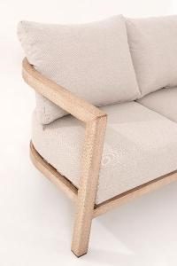 Ava outdoor set, sofa, 2 armchairs and sofa table in wood-effect aluminum and beige fabric