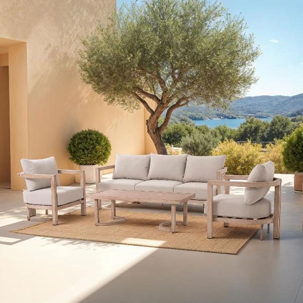 SET 4 EXTERIOR AVA, SOFAS Y MESA DE CENTRO ALUMINIO EFECTO MADERA Y TEJIDO BEIGE
