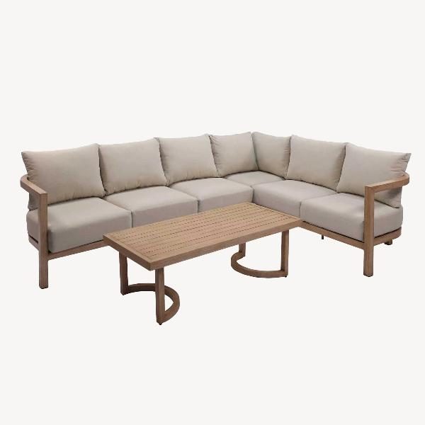 RINCONERA EXTERIOR AVA, CON MESA DE CENTRO ALUMINIO EFECTO MADERA Y TEJIDO BEIGE