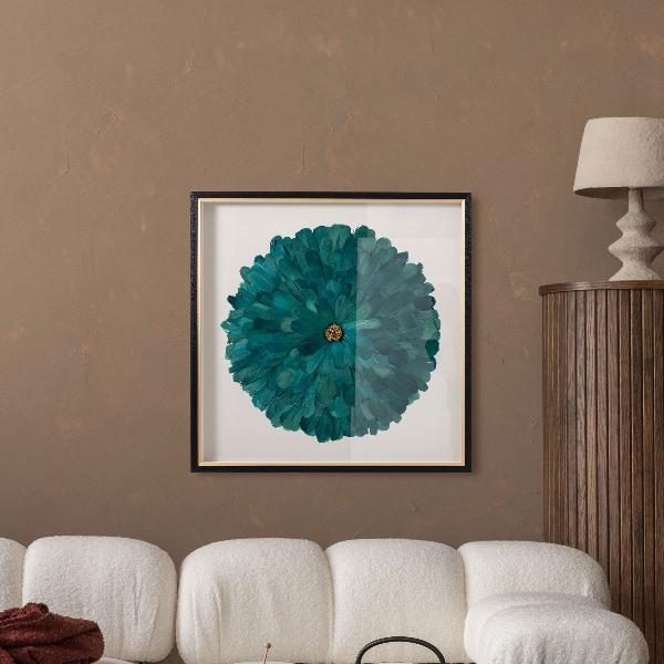 CUADRO VITRINA 80*80 CM, MARCO NEGRO Y DORADO, PLUMAS AQUA Y PIEDRA CRISTAL