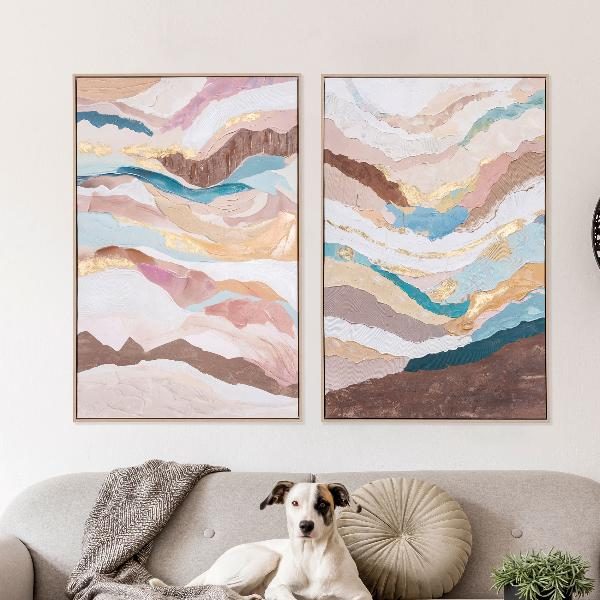 SET 2 LIENZOS OLEO 60X90 CM. MARCO ROBLE, ABSTRACTO TONOS TIERRA Y PASTEL