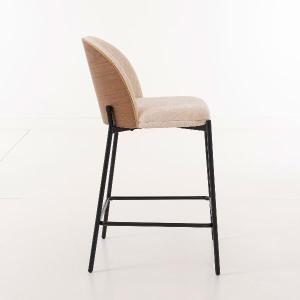 Taburete Ingrid, asiento chapa nogal curvado y tapizado beige