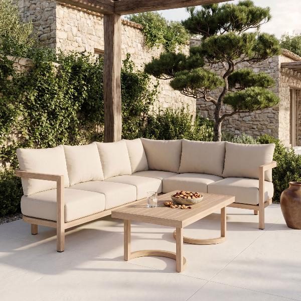 RINCONERA EXTERIOR AVA, CON MESA DE CENTRO ALUMINIO EFECTO MADERA Y TEJIDO BEIGE