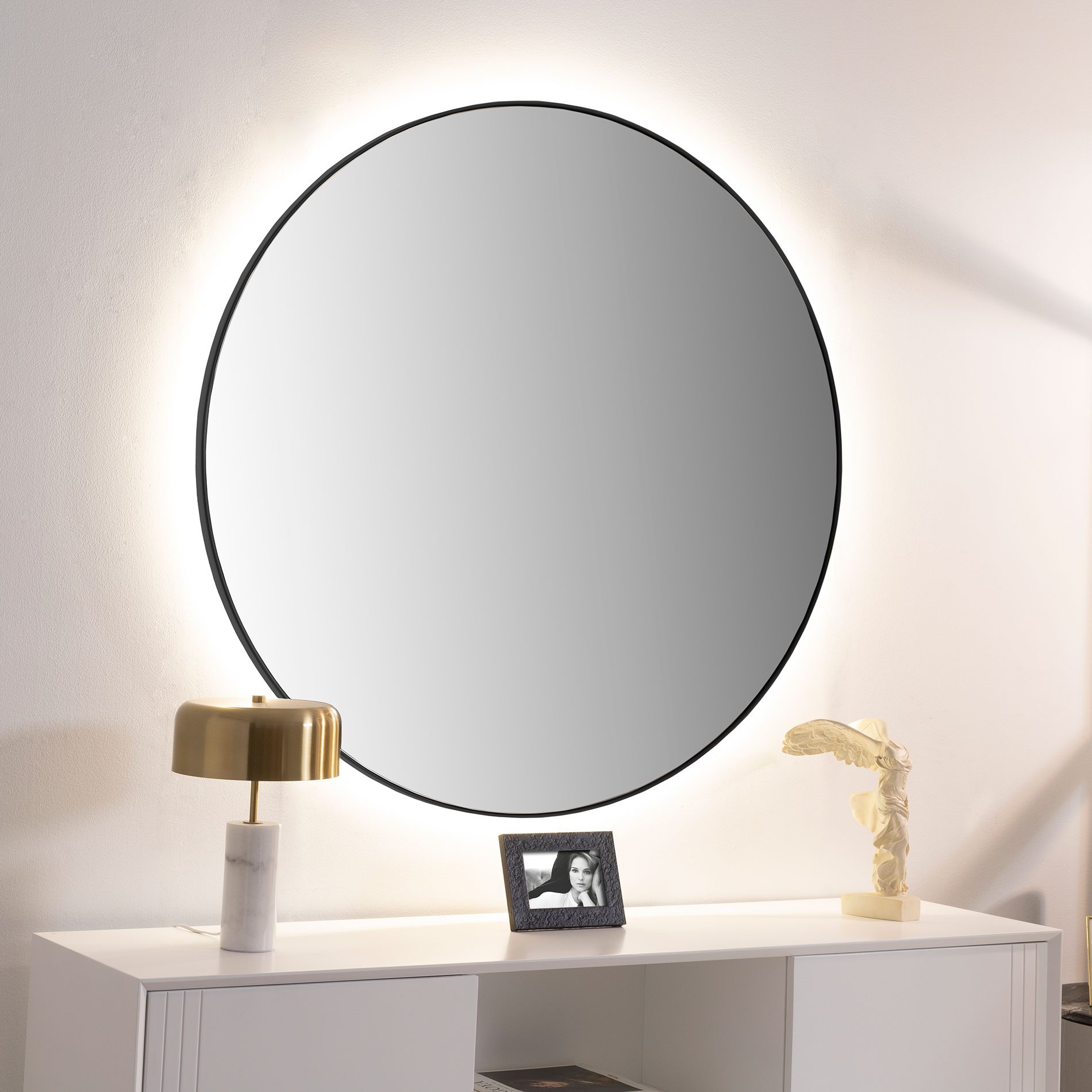 Espejo luz led resina negro redondo 18 cm